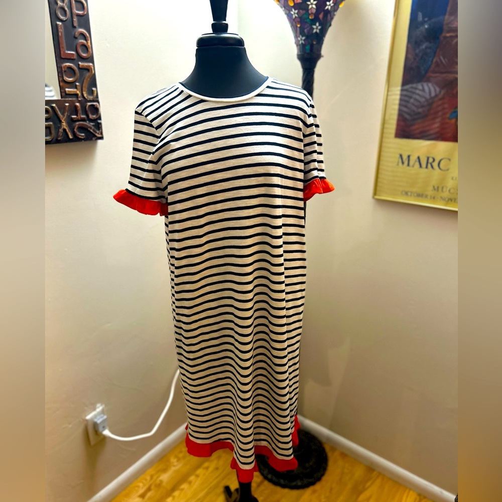 NEW Boden US 12 Emily Striped Black White Red Ruffle Relaxed Fit T-shirt Dress